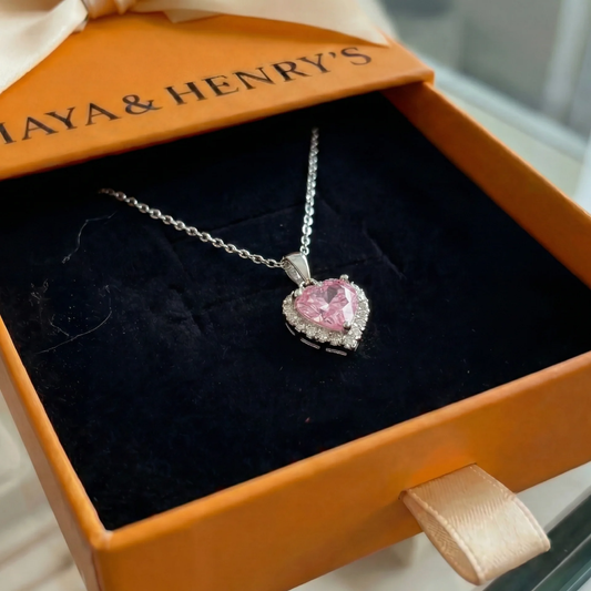 Collier Cœur Rose Radieux | Or Blanc
