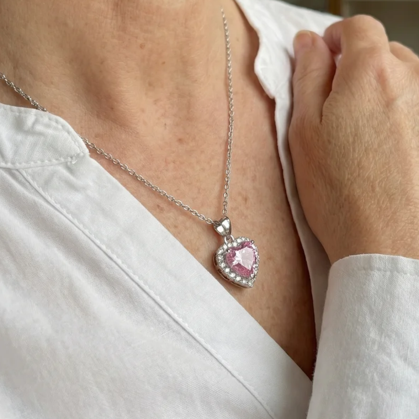 Collier Cœur Rose Radieux | Or Blanc