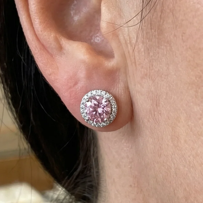 Boucles d'Oreilles Clou Ronde Pavée Rose | Or Blanc