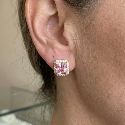Boucles d'Oreilles Clou Saphir Rose Pavé | Or
