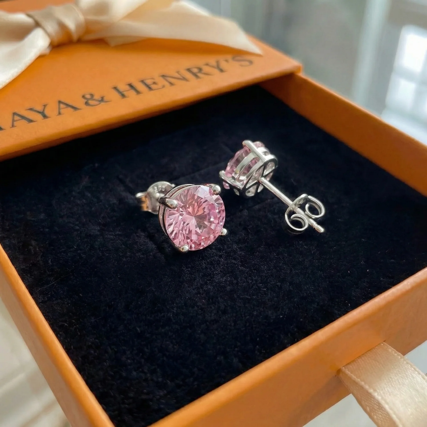Boucles d'Oreilles Clou Saphir Rose Rond | Or Blanc