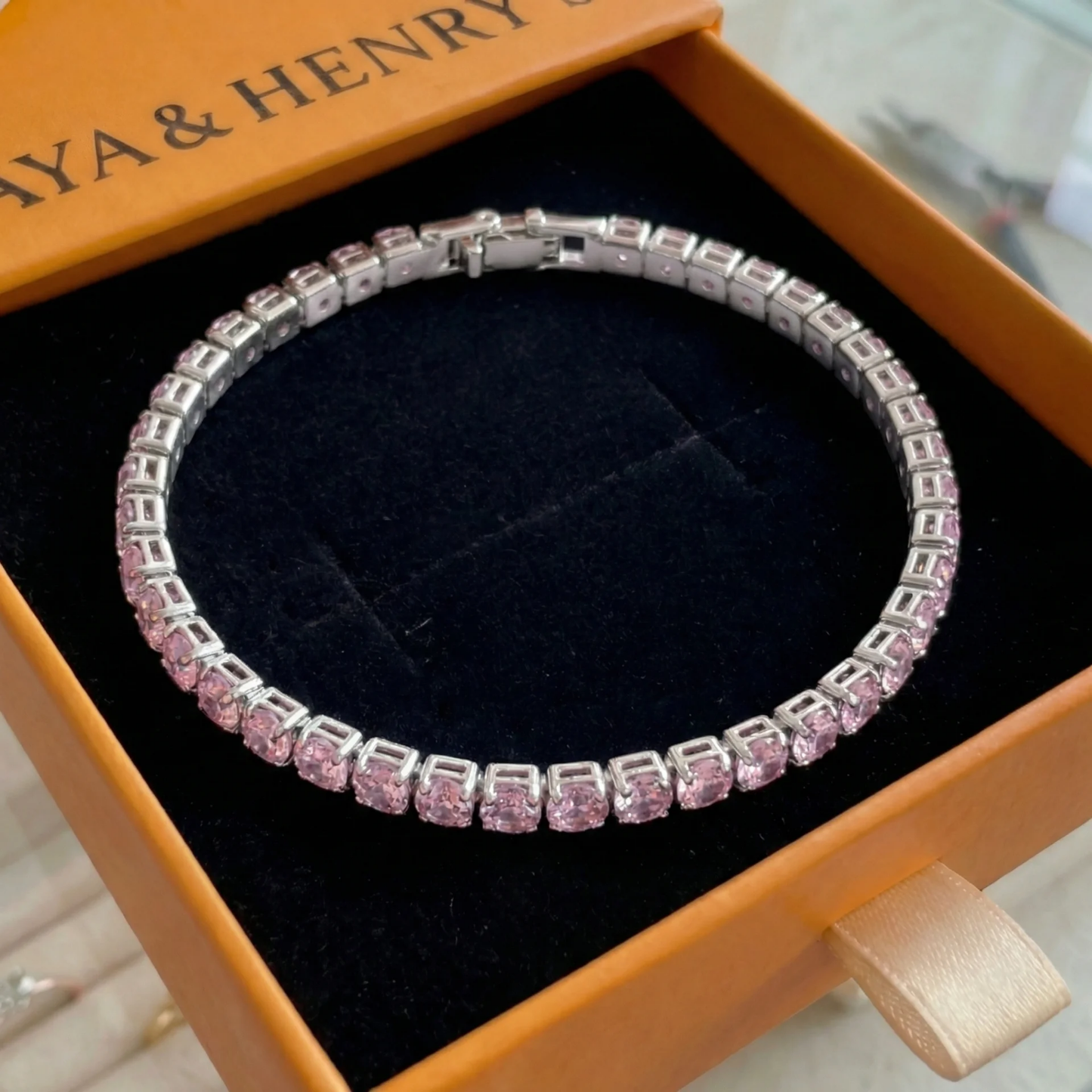 Bracelet Tennis Saphir Rose | Or Blanc