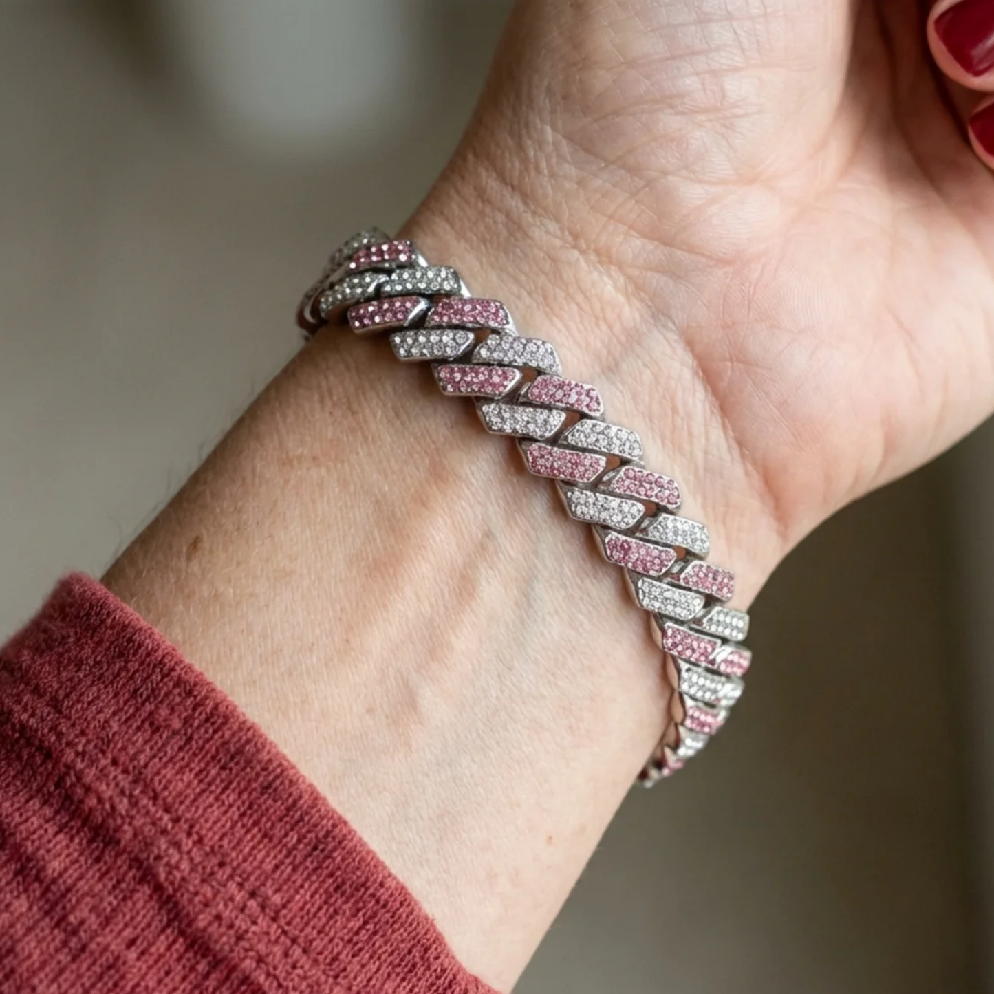 Bracelet Maille Cubaine Scintillante Rosée | Or Blanc
