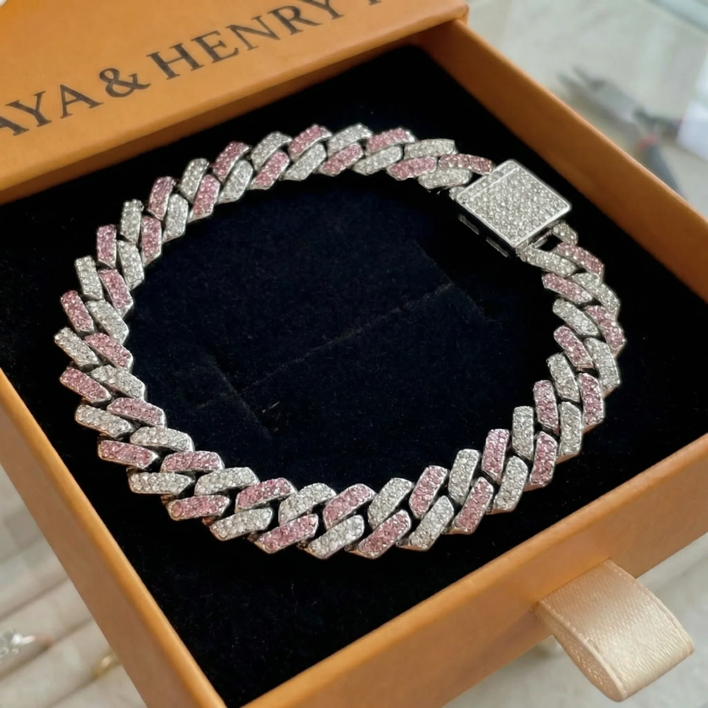 Bracelet Maille Cubaine Scintillante Rosée | Or Blanc