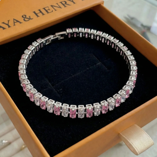 Bracelet Tennis Rayure Rose | Or Blanc