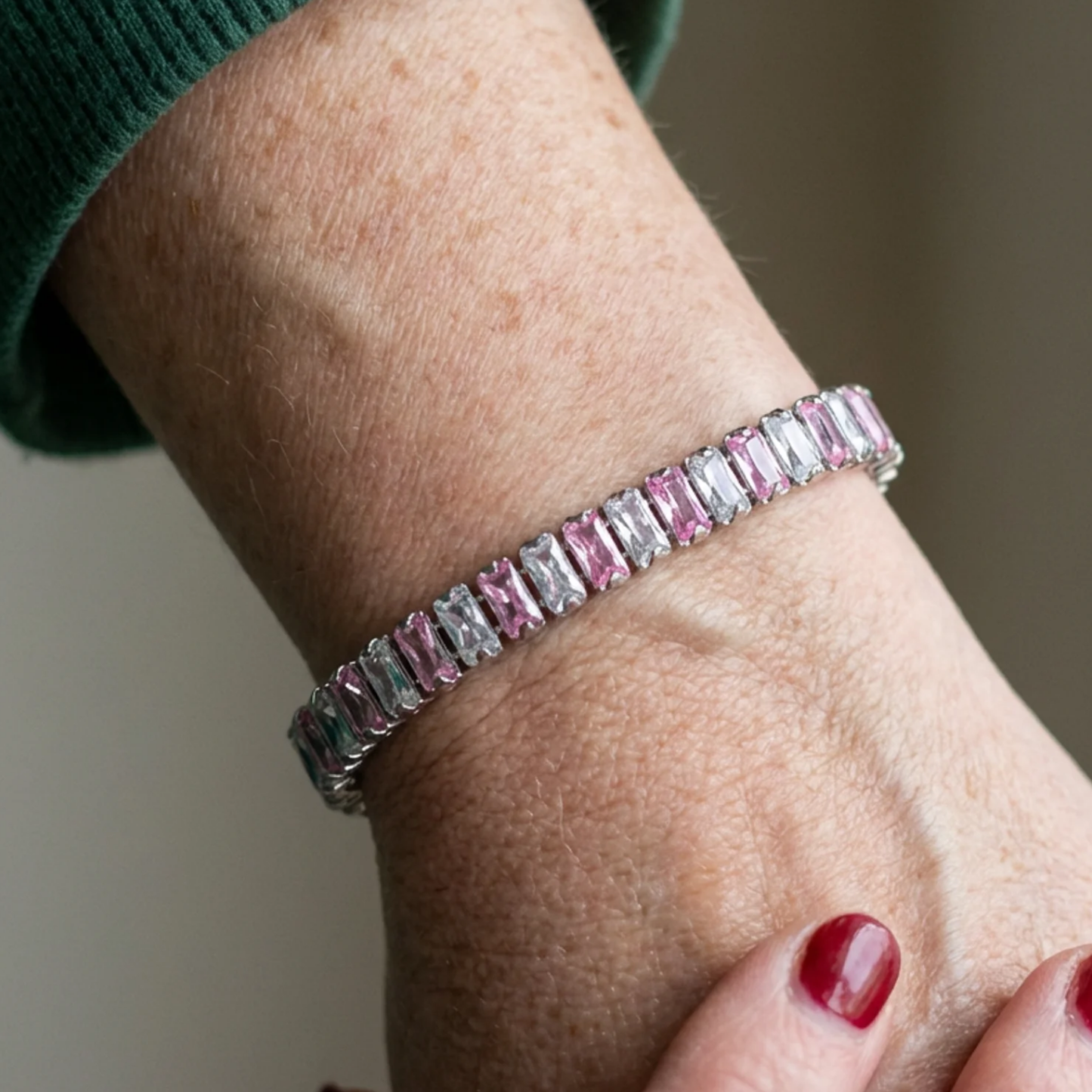 Bracelet Tennis Rayure Rose | Or Blanc
