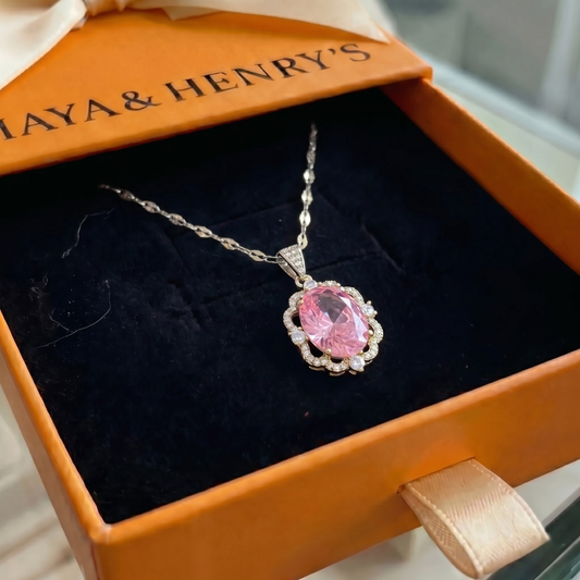 Collier Halo Couronne Ovale Rose | Or Blanc