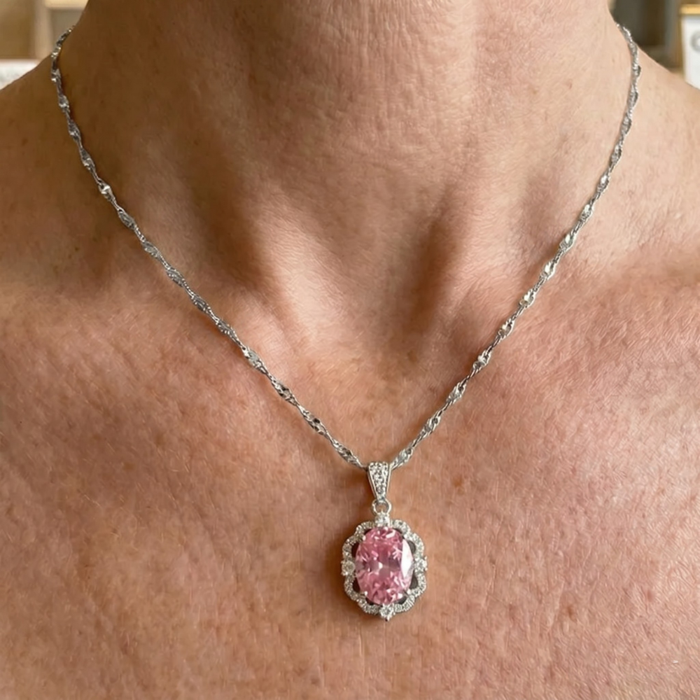 Collier Halo Couronne Ovale Rose | Or Blanc