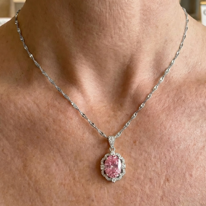 Collier Halo Couronne Ovale Rose | Or Blanc