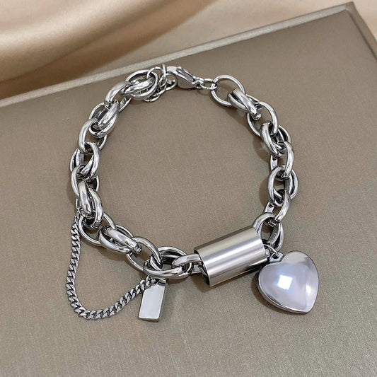 Bracelet Épais Cœur | Or Blanc