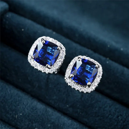 Boucles d'Oreilles Clou Carrées Saphir | Or Blanc
