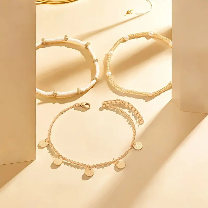 Parure 3 Bracelets de Cheville Multicouches Charme Côtier | Or