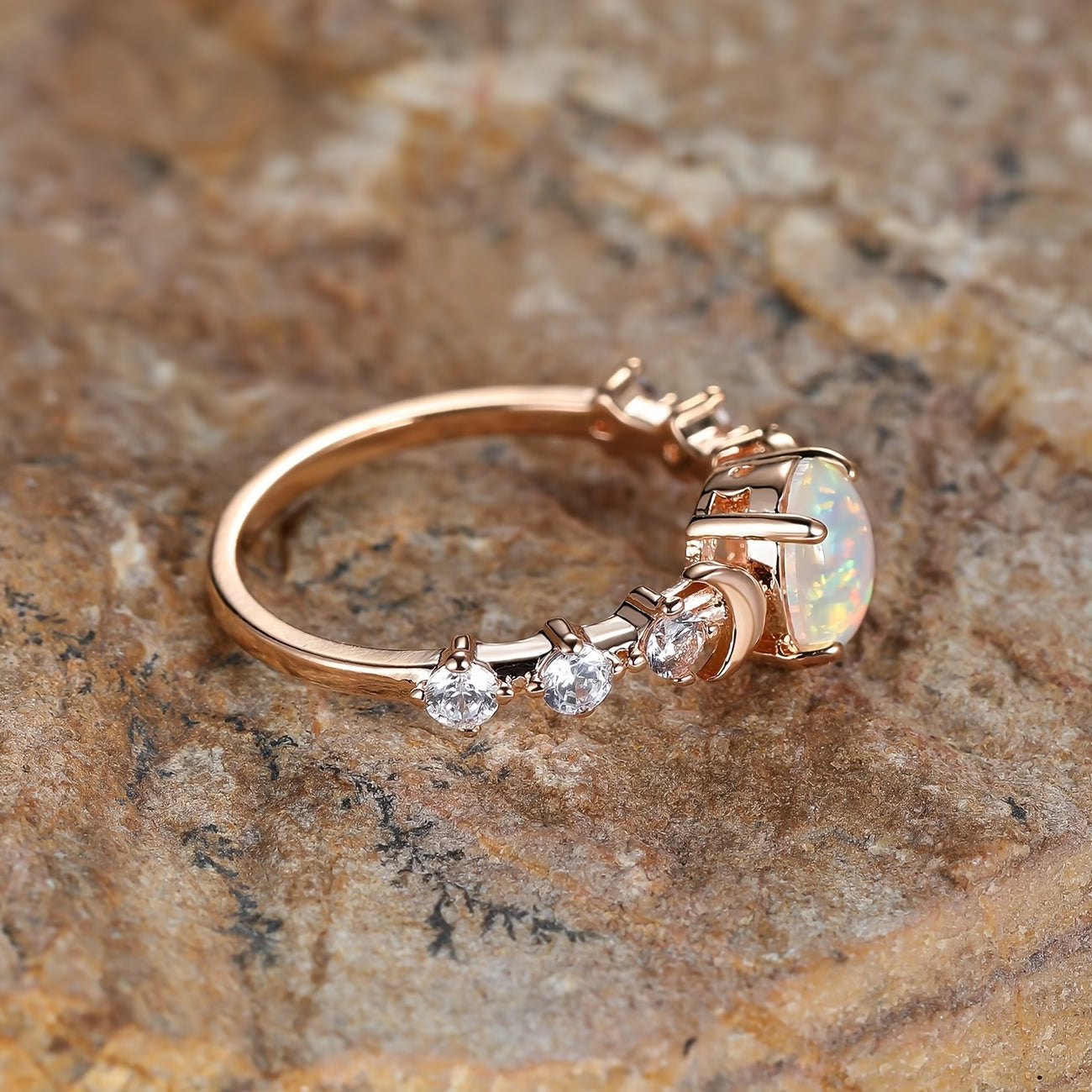 Bague Croissant de Lune Opale | Or Rose