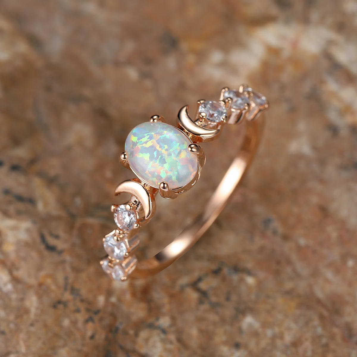 Bague Croissant de Lune Opale | Or Rose