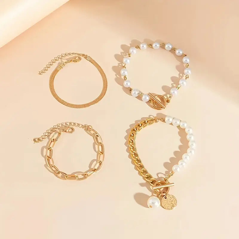 Parure 4 Bracelets Chic Serpent Perles et Mailles | Or