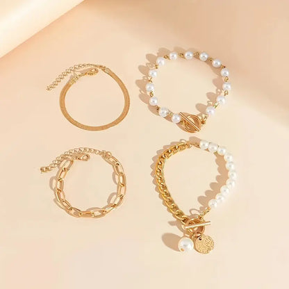 Parure 4 Bracelets Chic Serpent Perles et Mailles | Or
