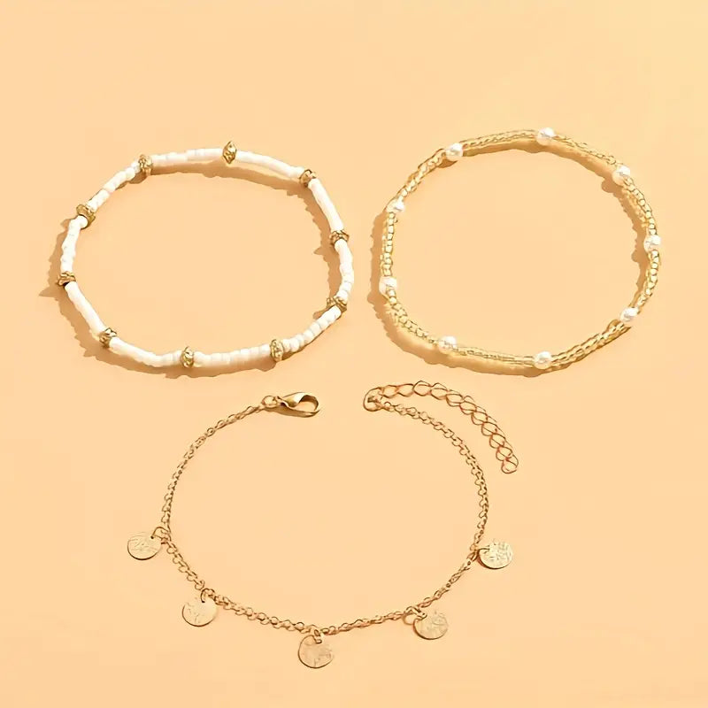Parure 3 Bracelets de Cheville Multicouches Charme Côtier | Or