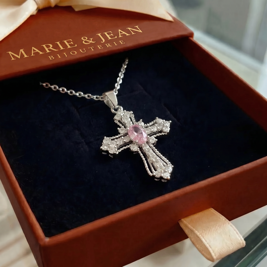Collier Croix Céleste Rose | Or Blanc
