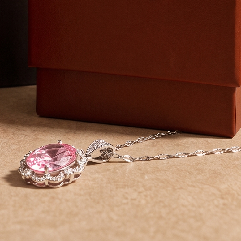 Collier Halo Couronne Ovale Rose | Or Blanc
