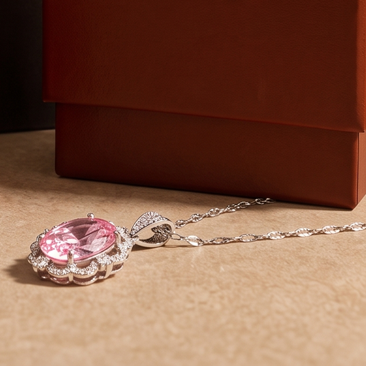 Collier Halo Couronne Ovale Rose | Or Blanc