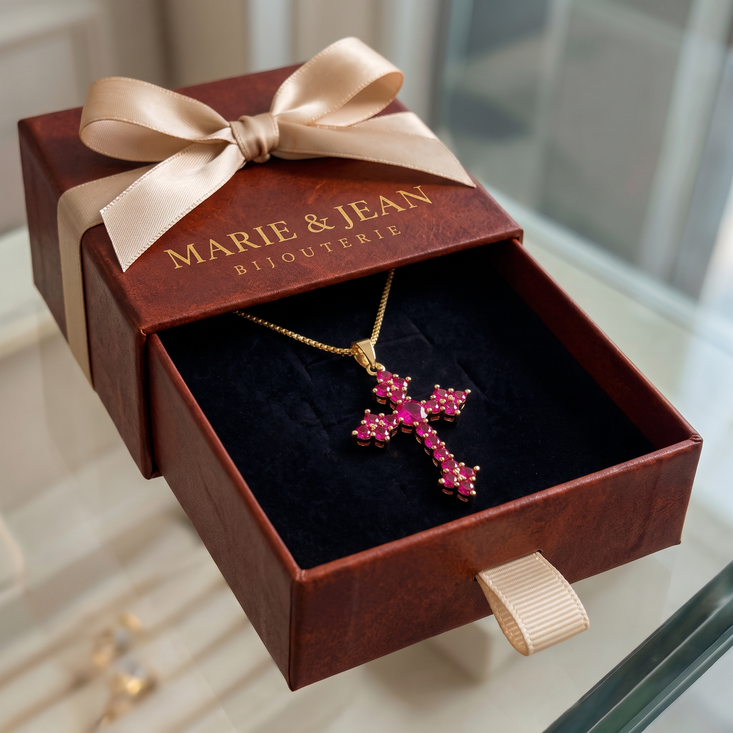 Collier Croix Grappes Rose | Or
