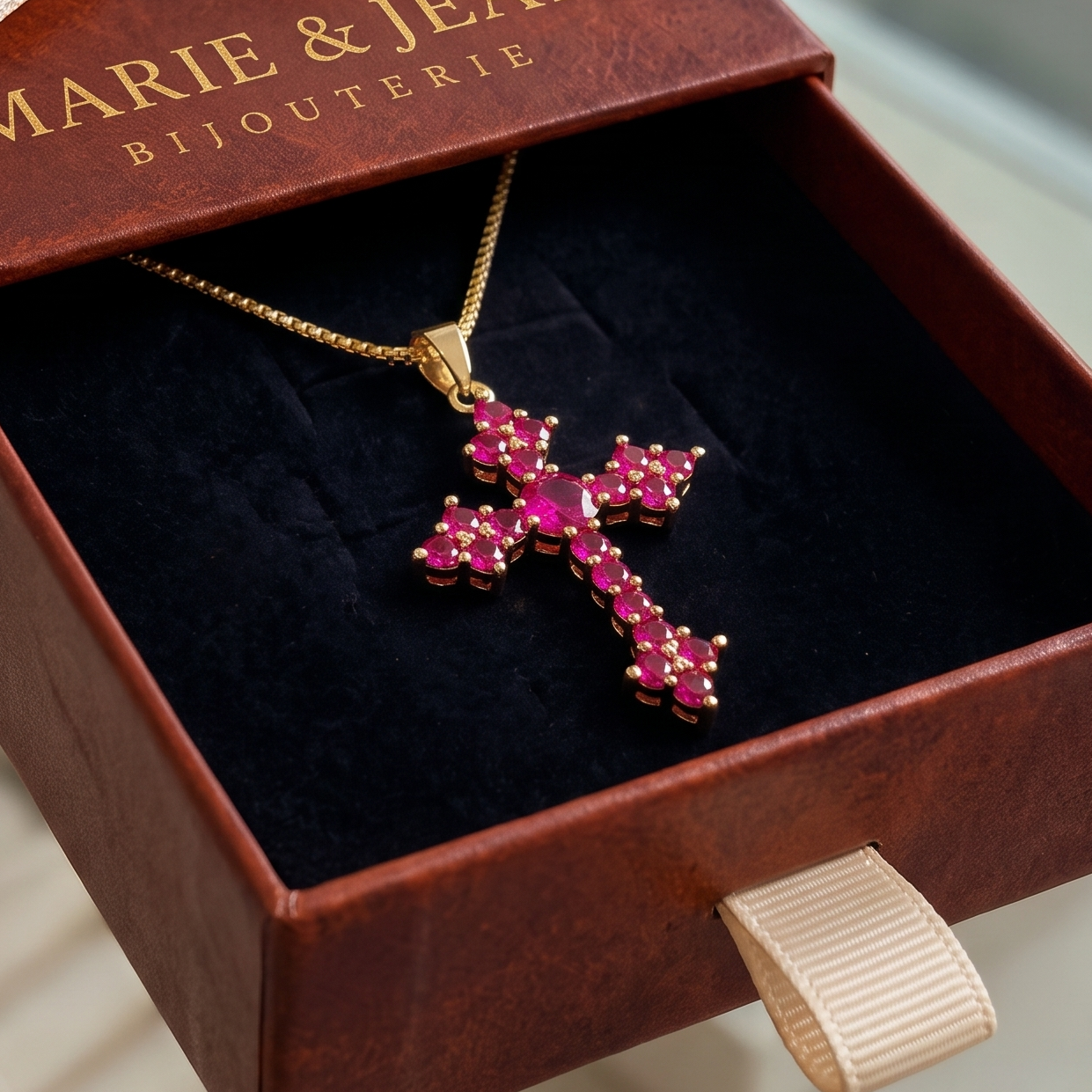 Collier Croix Grappes Rose | Or