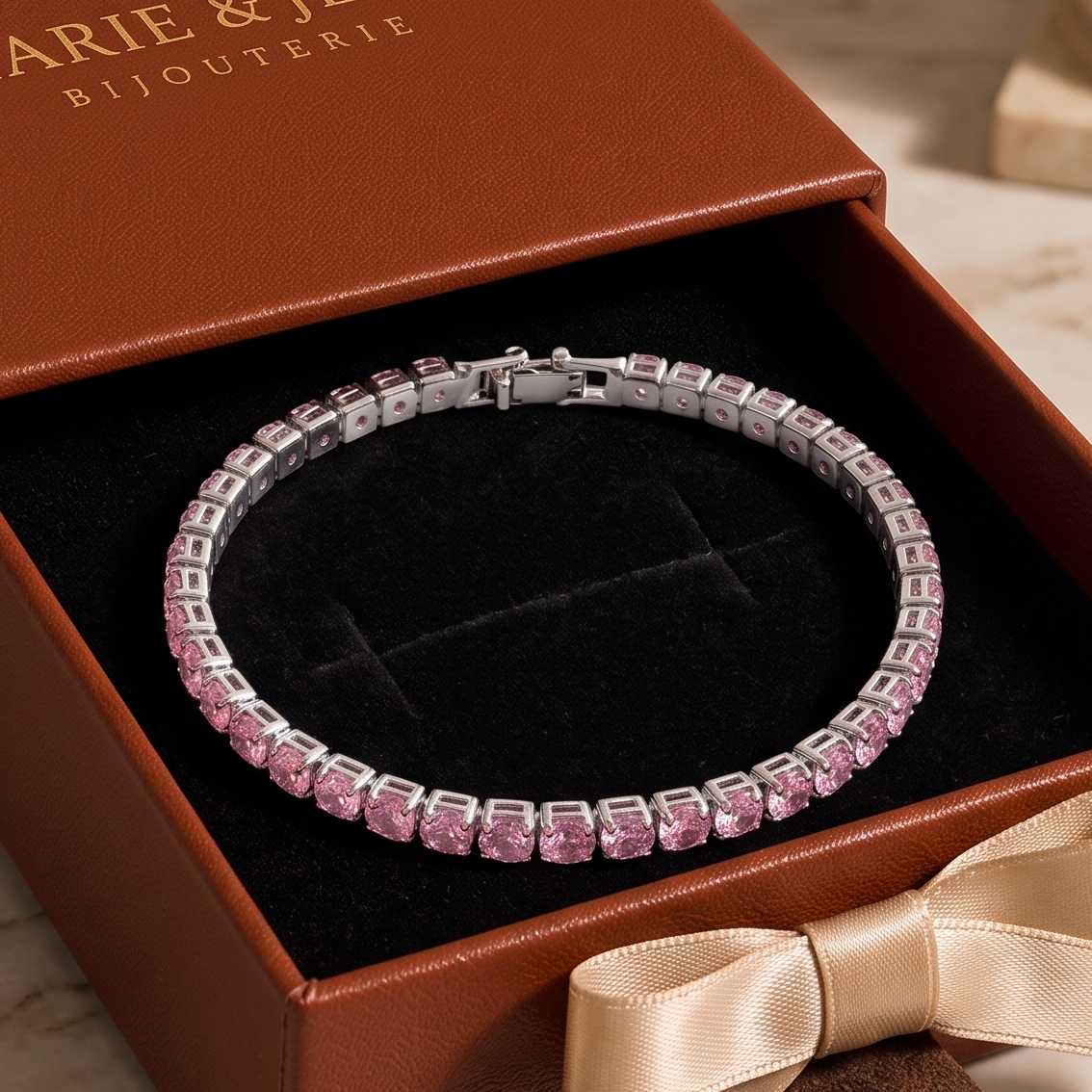 Bracelet Tennis Rose Poudré | Or Blanc