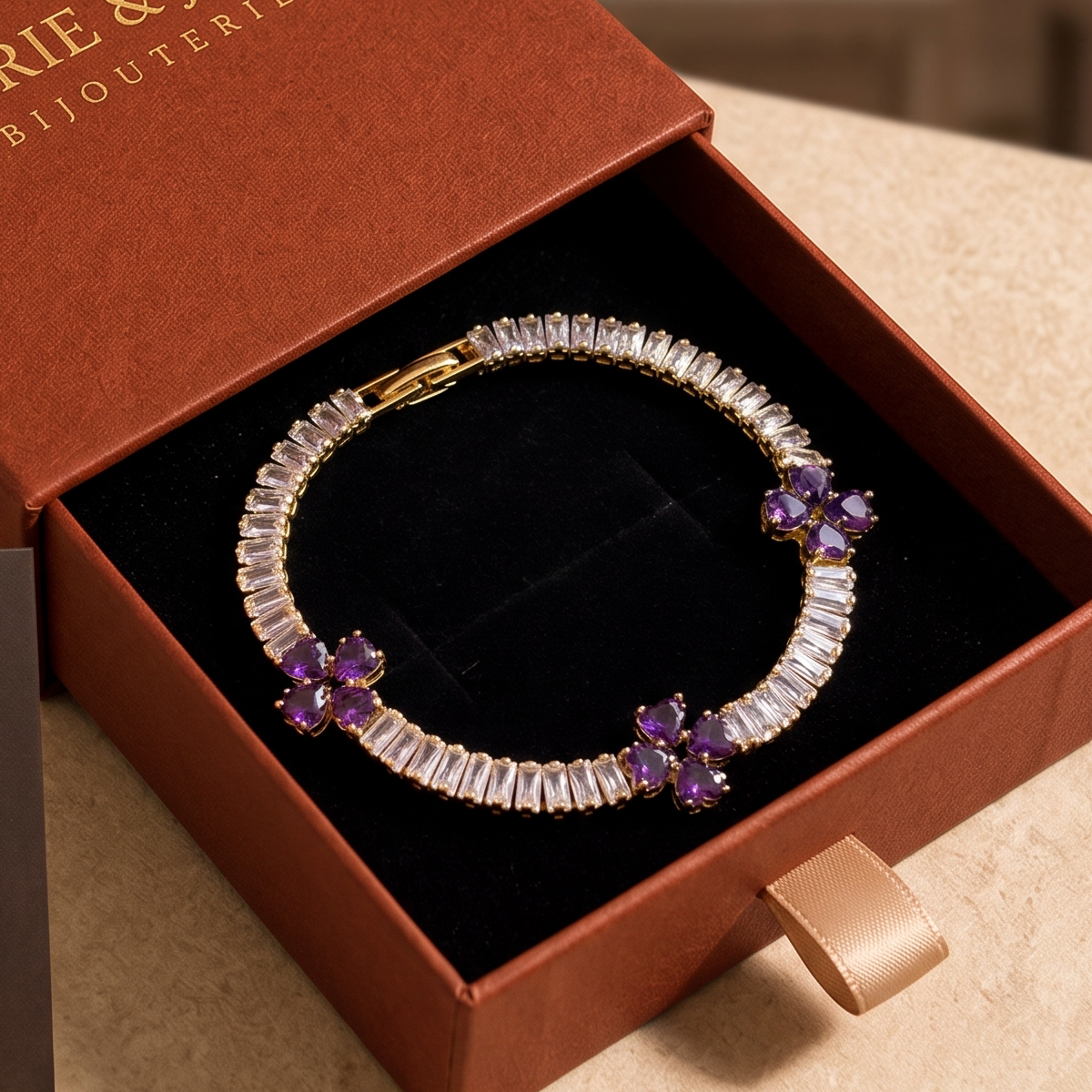 Bracelet Cœur Trèfle Violet Améthyste | Or