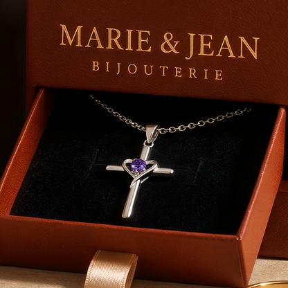 Collier Croix Centre Violet Améthyste | Or Blanc