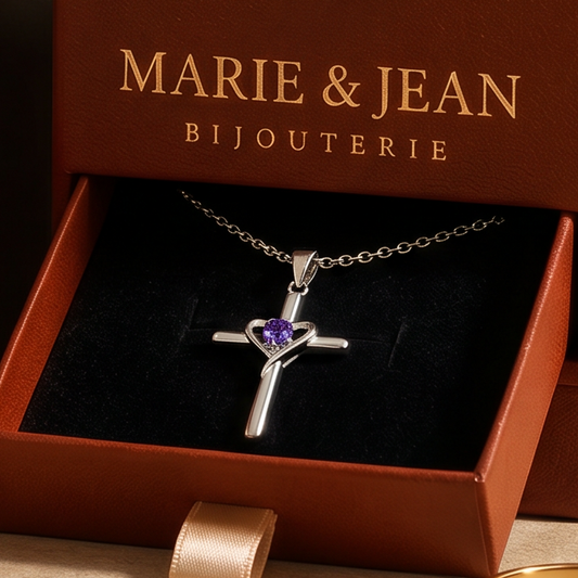Collier Croix Centre Violet Améthyste | Or Blanc
