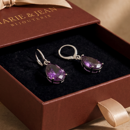 Boucles d'Oreilles Larme Violet Améthyste | Or Blanc