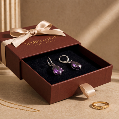 Boucles d'Oreilles Larme Violet Améthyste | Or Blanc