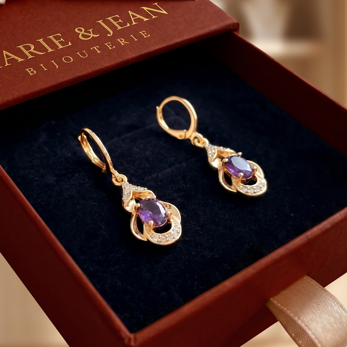 Boucles d'Oreilles Larme Clair de Lune Violet Améthyste | Or Rose