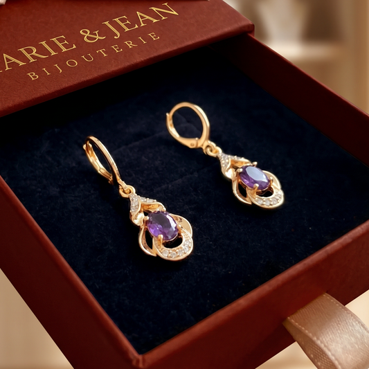 Boucles d'Oreilles Larme Clair de Lune Violet Améthyste | Or Rose