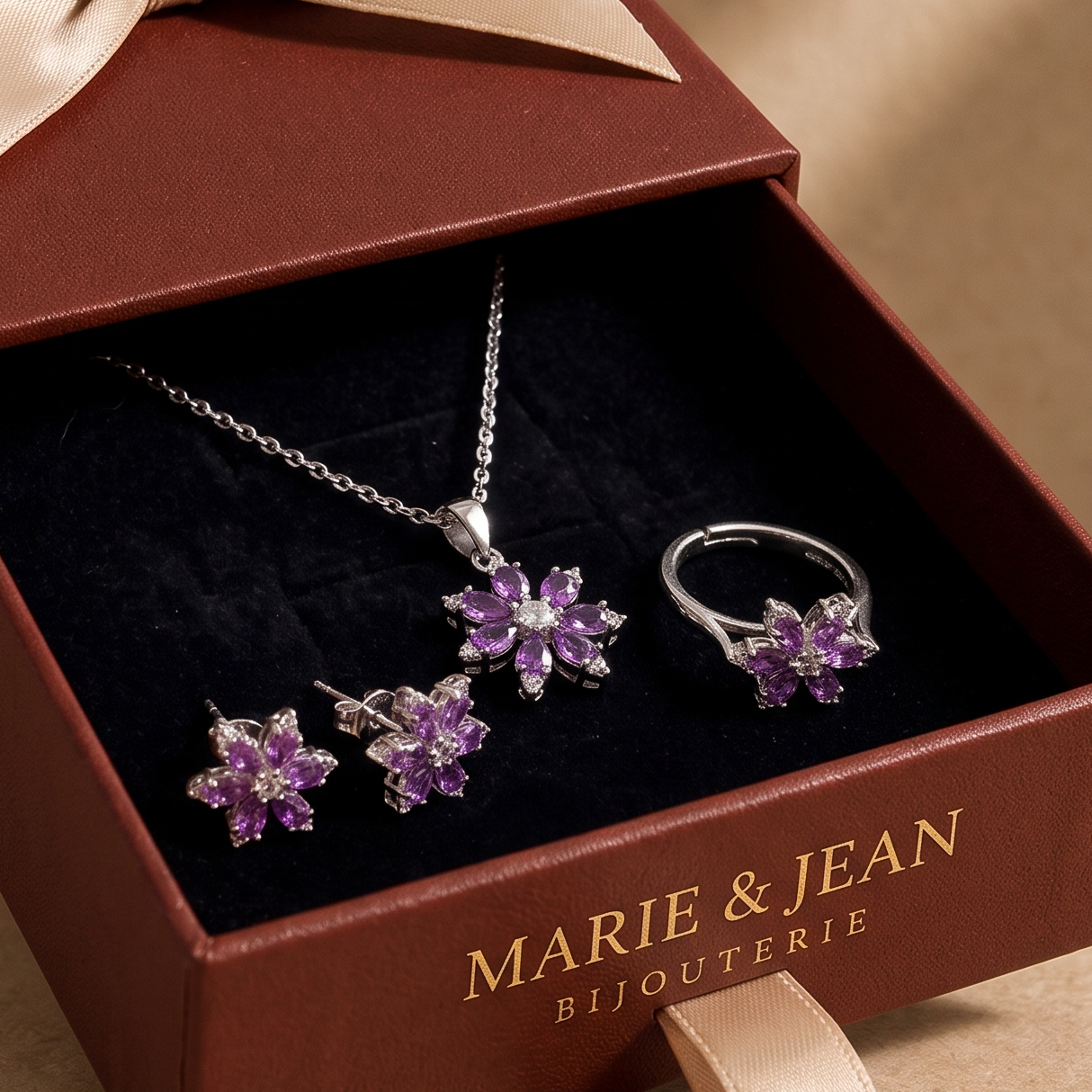 Parure Bijoux Floraison Violet Améthyste | Or Blanc