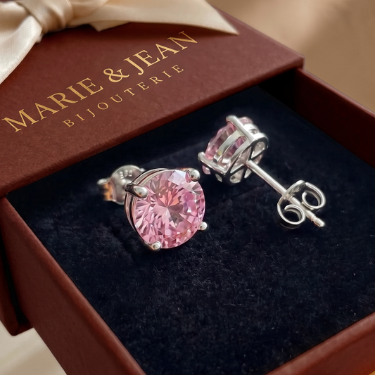 Boucles d'Oreilles Clou Rond Rose Poudré | Or Blanc