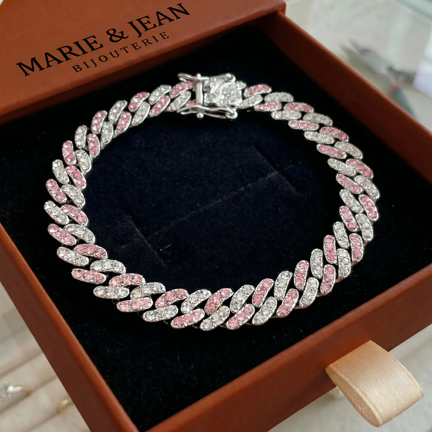 Bracelet Maille Cubaine Blush Arctique | Or Blanc