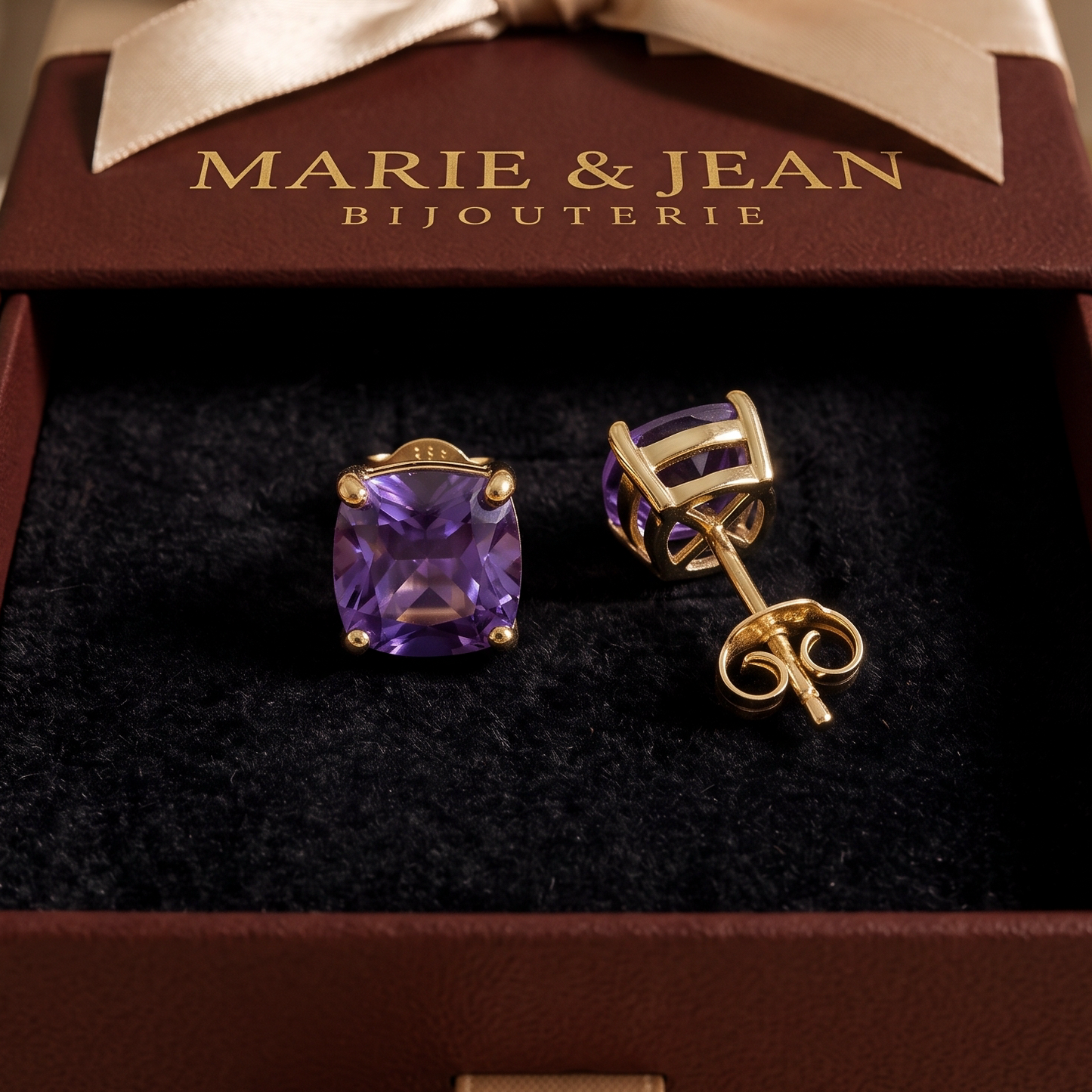 Boucles d'Oreilles Clou Carrées Violet Améthyste | Or
