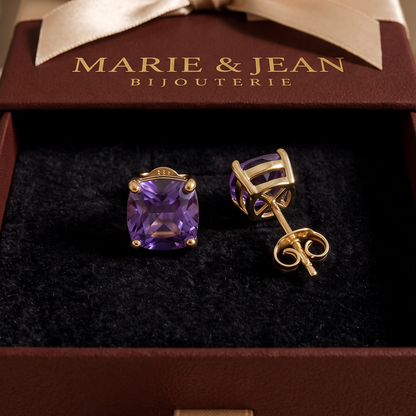 Boucles d'Oreilles Clou Carrées Violet Améthyste | Or