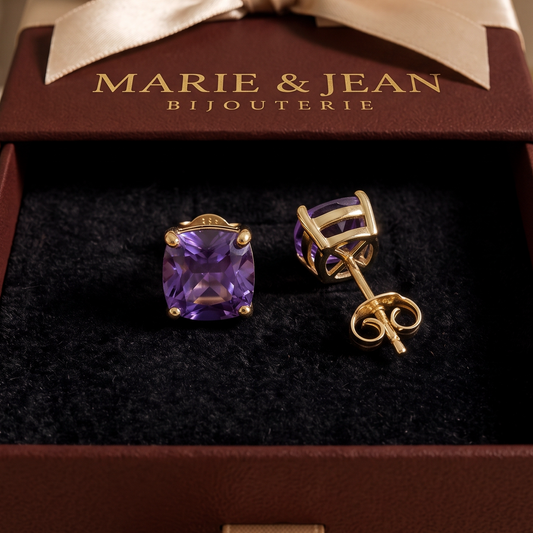 Boucles d'Oreilles Clou Carrées Violet Améthyste | Or