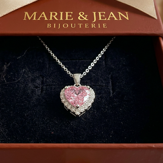Collier Cœur Rose Radieux | Or Blanc