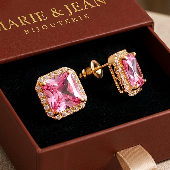 Boucles d'Oreilles Clou Pavé Rose Poudré | Or