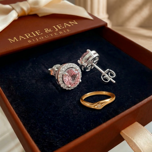 Boucles d'Oreilles Clou Ronde Pavée Rose | Or Blanc