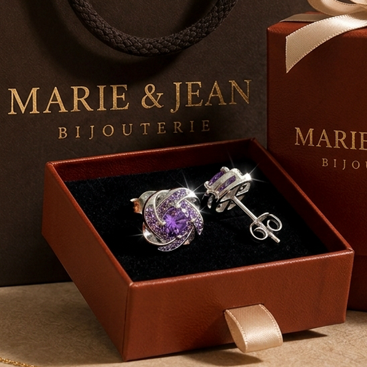 Boucles d'Oreilles Nœud Cristal Violet | Or Blanc