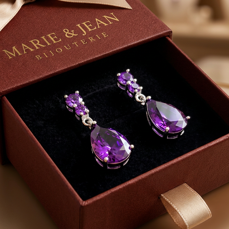 Boucles d'Oreilles Goutte de Rosée Violet Améthyste | Or Blanc
