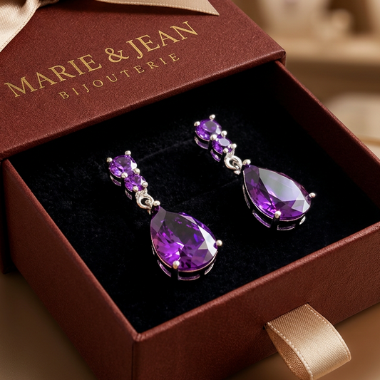 Boucles d'Oreilles Goutte de Rosée Violet Améthyste | Or Blanc