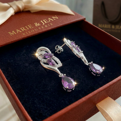 Boucles d'Oreilles Pendantes Scintillantes Violet Améthyste | Or Blanc