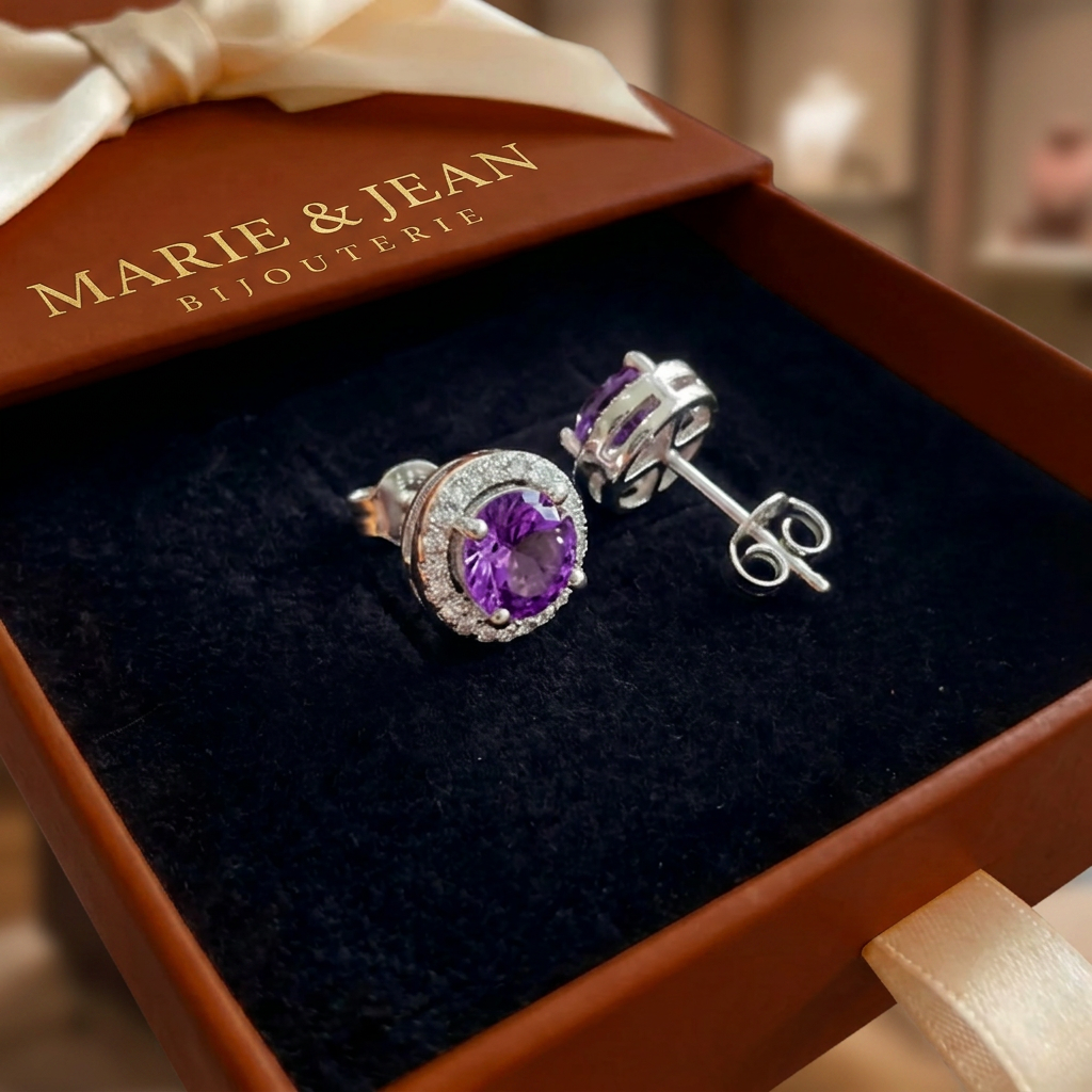 Boucles d'Oreilles Clou Ronde Pavée Violet Améthyste | Or Blanc