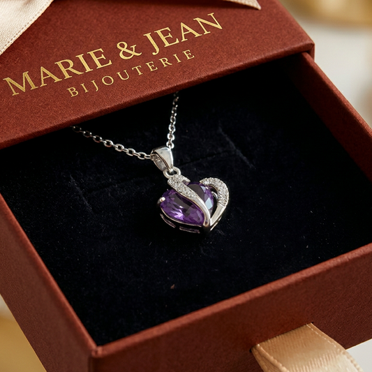 Collier Double Cœur Violet Améthyste | Or Blanc