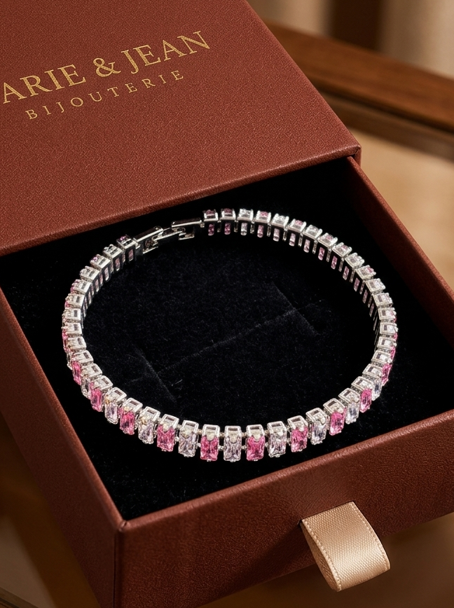 Bracelet Tennis Rayure Rose | Or Blanc